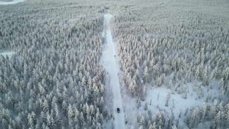 a drone captures a black van driving through the enchanting northern forests of luosto, lapland, finland