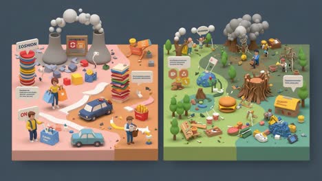 a visual journey through environmental impact and restoration: from pollution to nature's recovery in a dynamic illustrative contrast