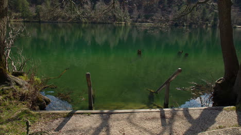 old rustic wooden steps leading on the lake near berchtesgaden in germany. high angle shot