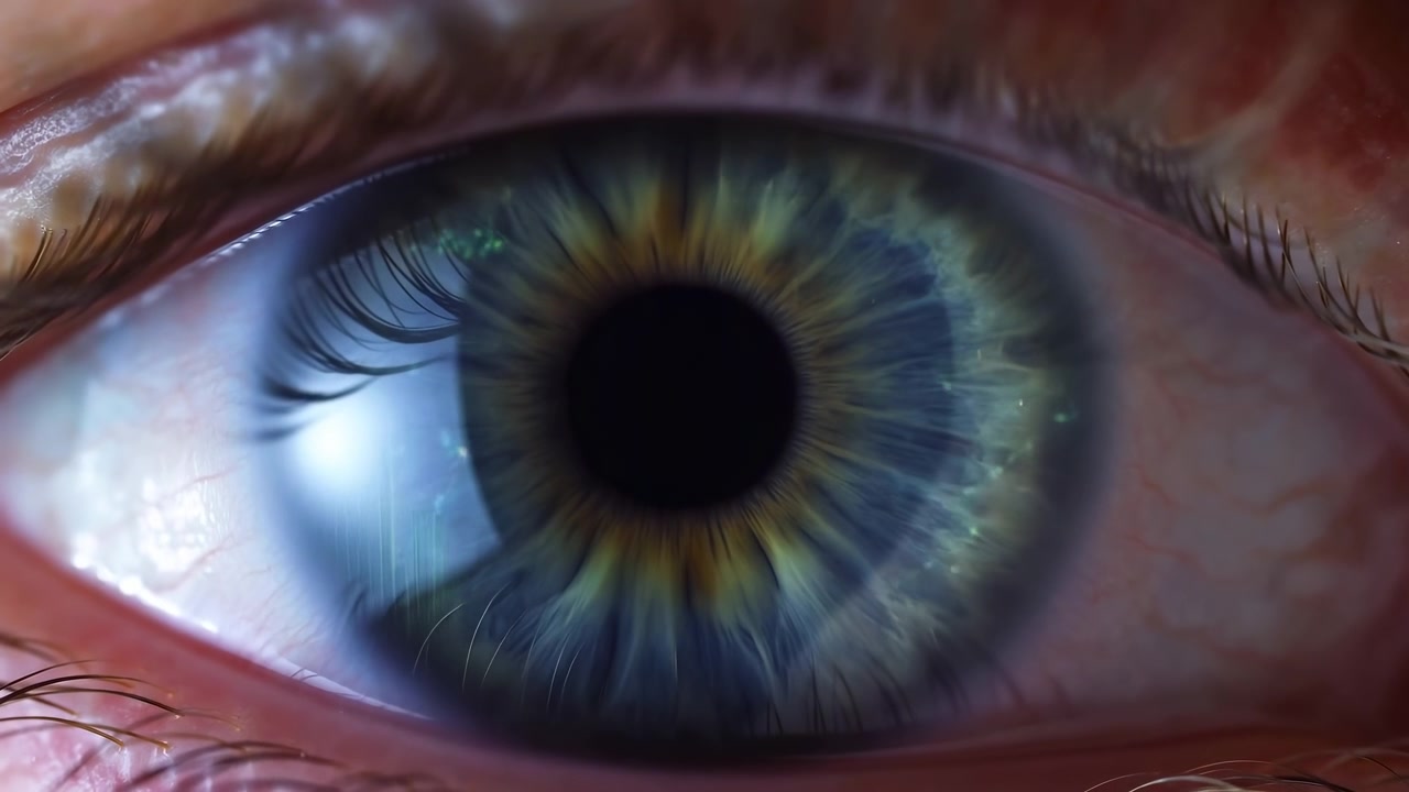 Ojo en primer plano reflejando código digital y superposición de datos, secuencia de escaneo biométrico para acceso de seguridad, alto detalle.