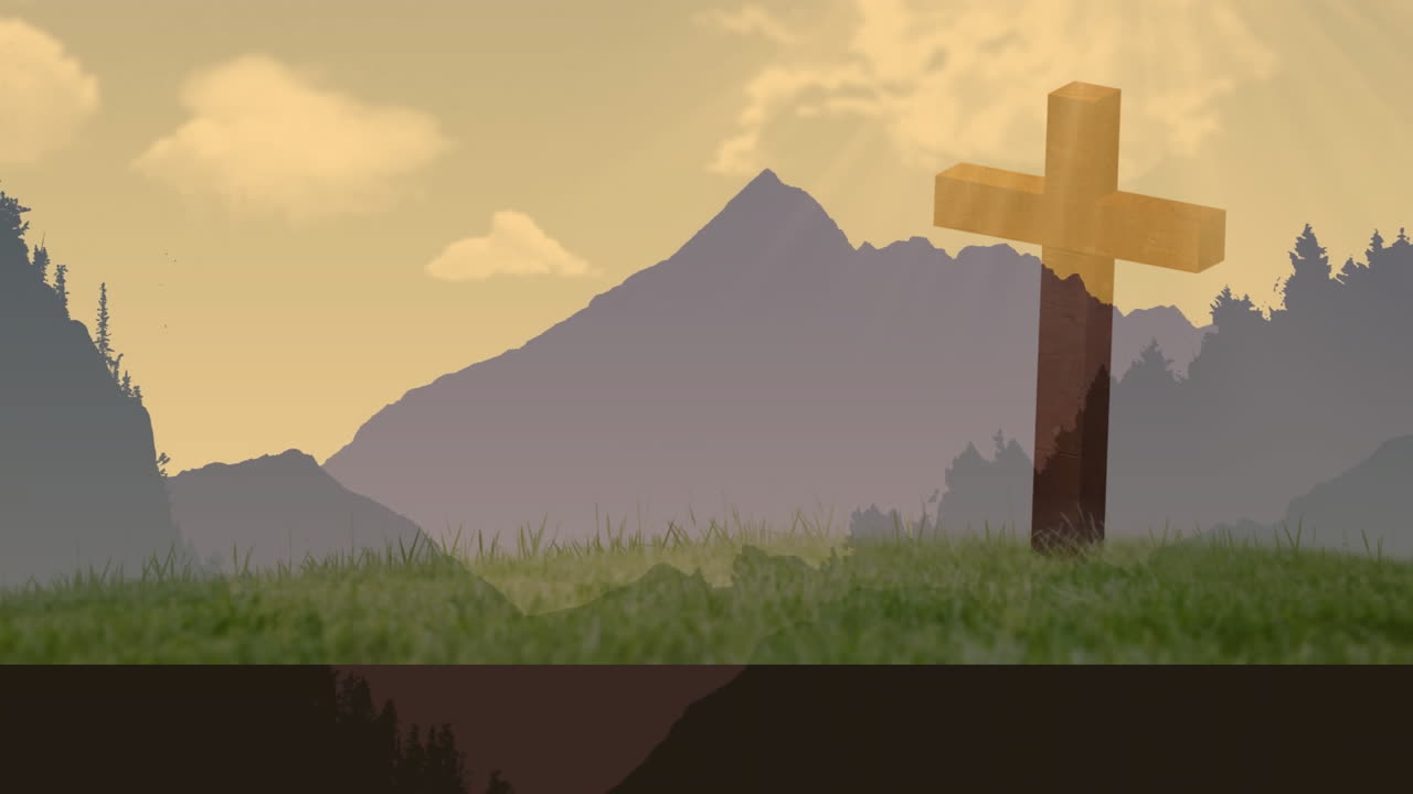 Standing on grassy hill, wooden cross with mountains in background, animation style