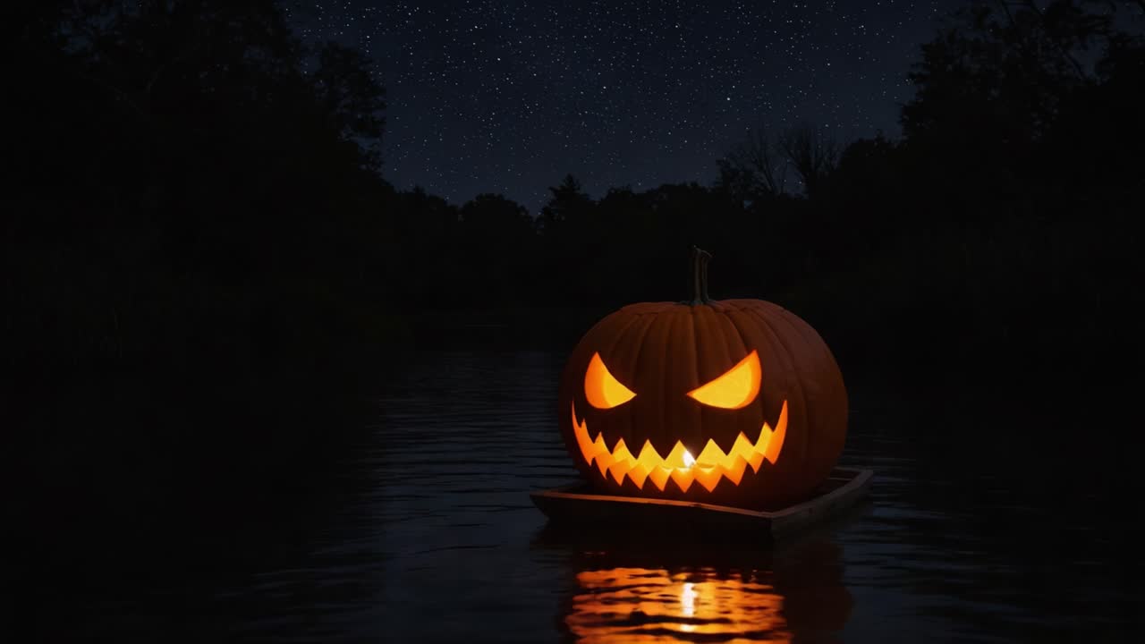 Una Spettrale Zucca di Halloween Illuminata su un Lago d'Acqua Calma Sotto un Cielo Notturno Stellato, Proiettando Riflessi Inquietanti nell'Ambiente Oscuro