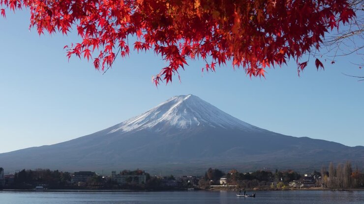 Mount Fuji Peak Autumn Red maple leaves blue skies slow zoom