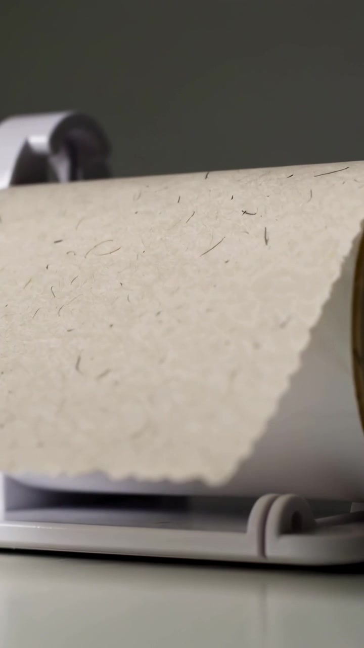 Vertical video: Pulling tab on lint roller advancing sheet on cradle on tabletop to reveal lint