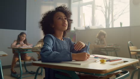 smart pupil studying science at elementary school. girl raising hand at lesson