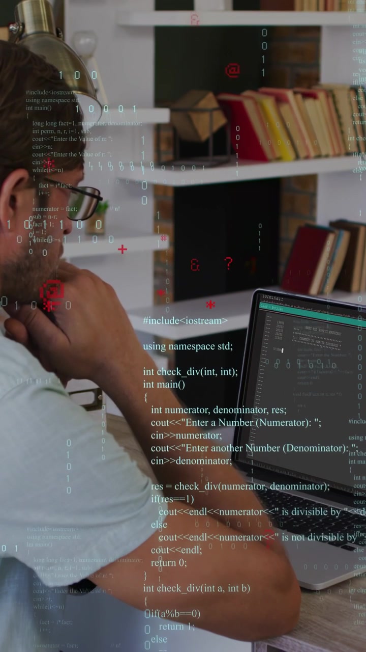 Vertical video: Male dev seeing error output, leaning in and debugging code with floating graphics
