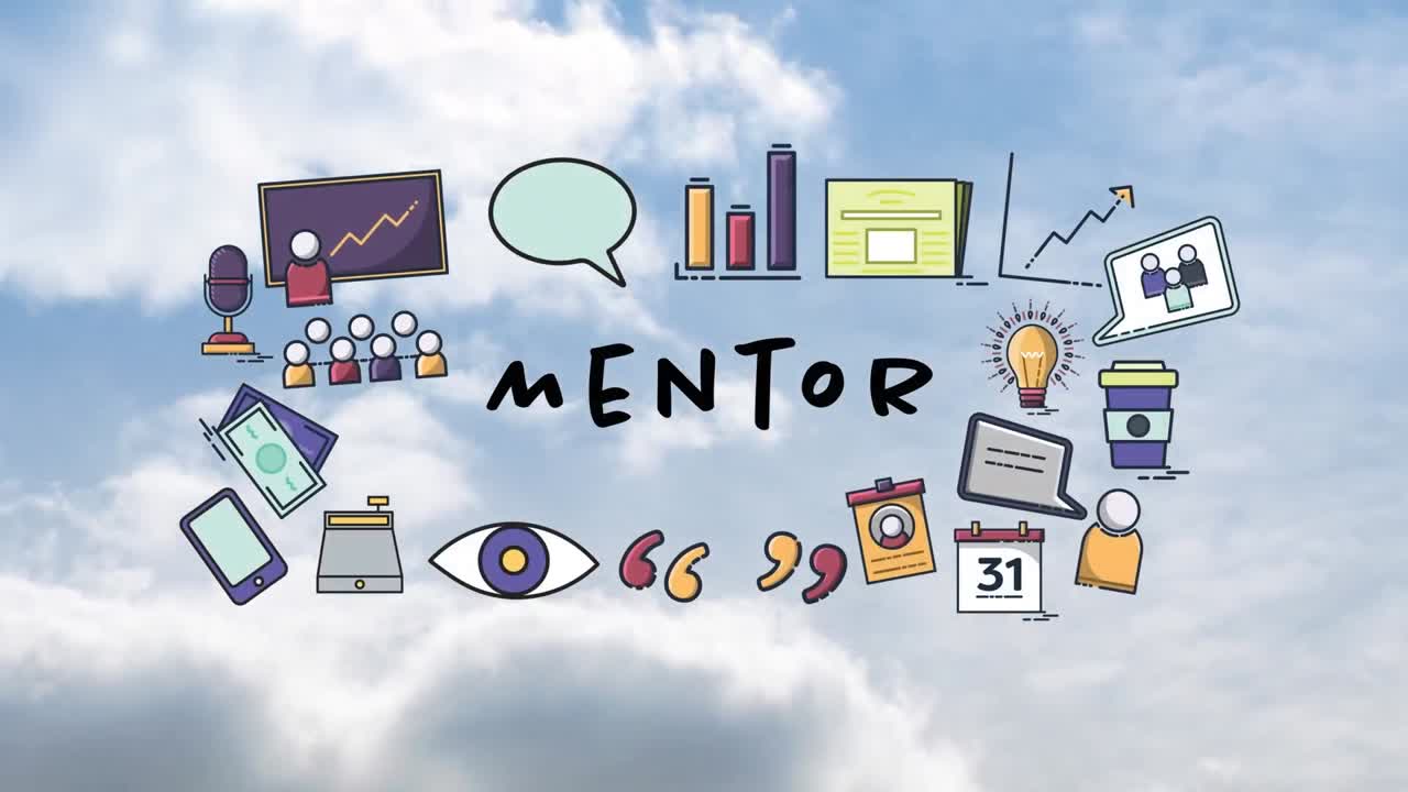 비즈니스 아이콘과 클라우드 위의 멘토 텍스트의 애니메이션