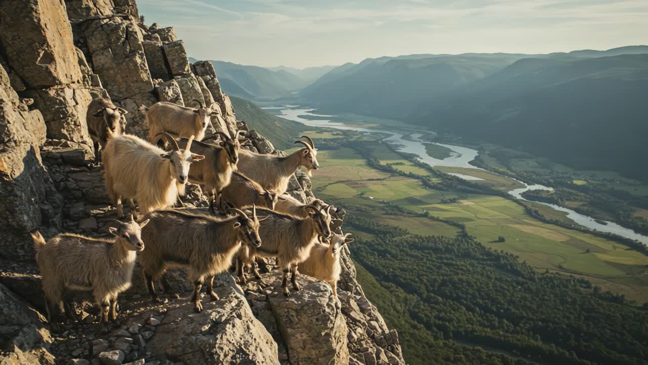 Un maestoso gregge di capre di montagna domina una valle panoramica al tramonto, catturando l'essenza della bellezza e della natura selvaggia.
