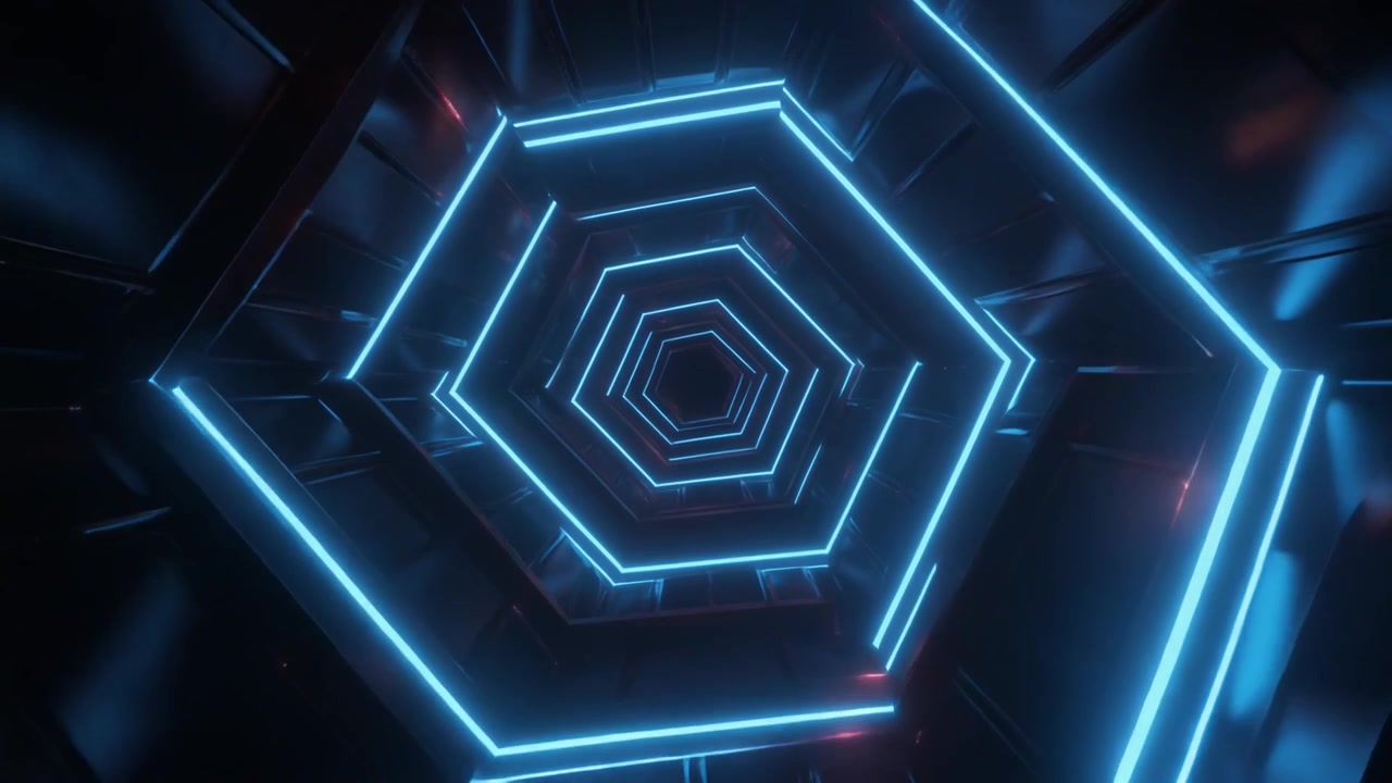 Abstract Tunnel with Glowing Blue Hexagonal Neon Lights