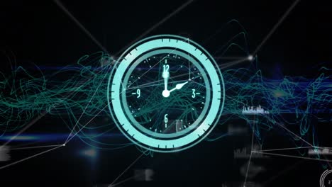 Animation-of-neon-ticking-clock-over-glowing-blue-digital-wave-against-network-of-connections