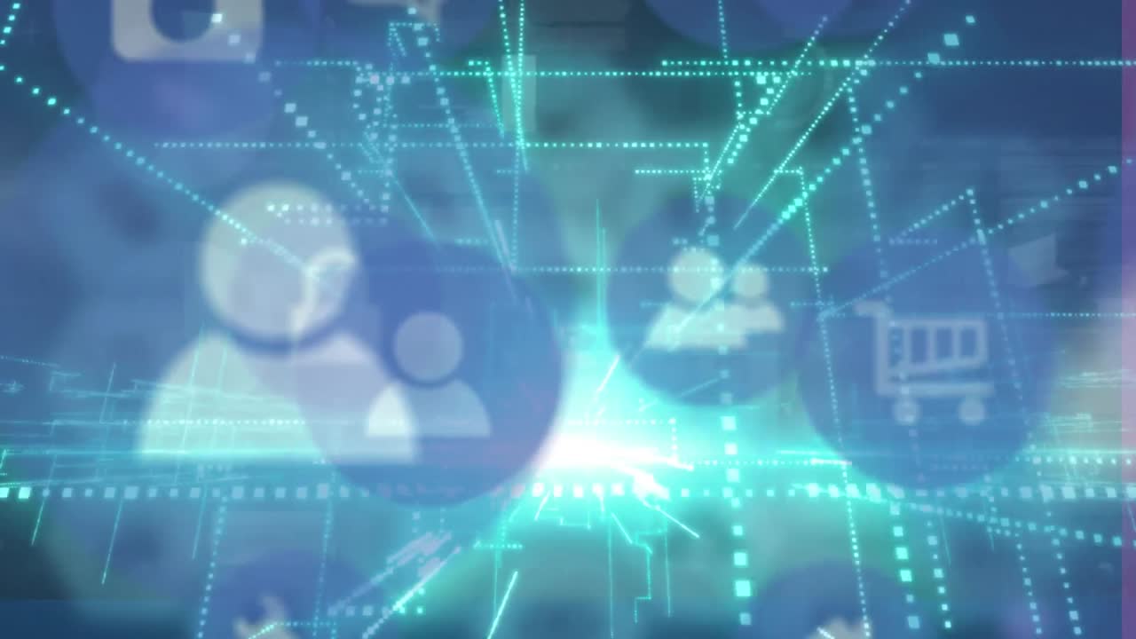 파란색 배경에 디지털 아이콘과 녹색 발광 빛 트레일의 애니메이션