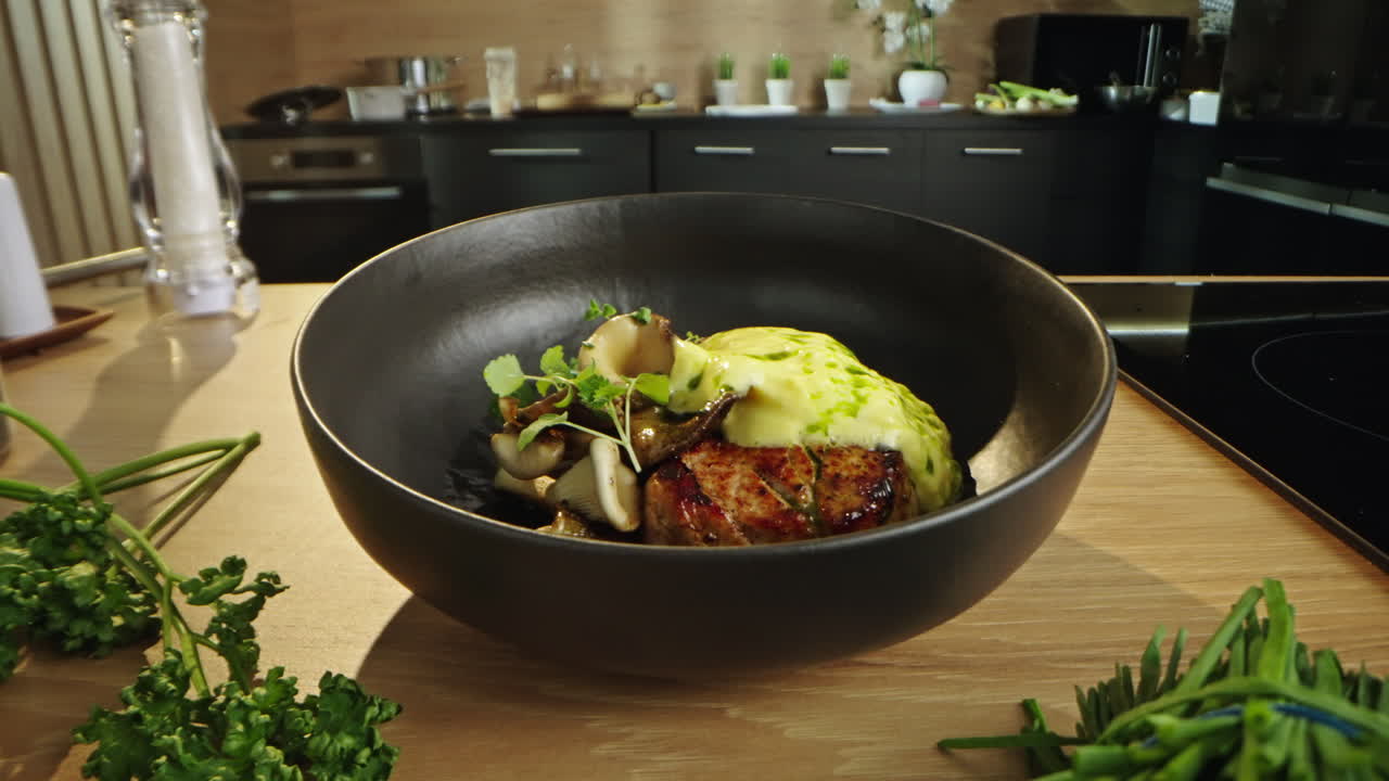 Delicious steak with mushrooms and sauce