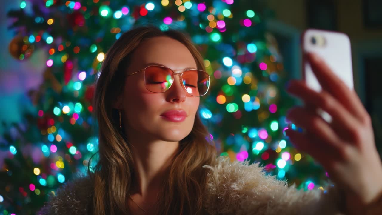 A young woman takes a selfie in front of a beautifully decorated Christmas tree adorned with vibrant lights and colorful ornaments, radiating holiday spirit and joy, capturing the festive atmosphere around her