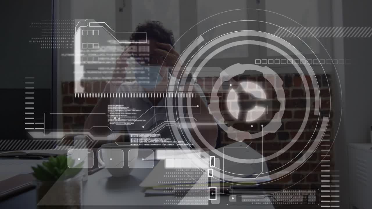 Woman wearing mask sitting at desk initiating HUD scanning while coding for tech analysis