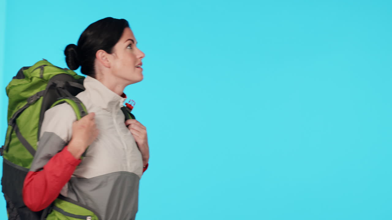 Travel, hiking with looking and woman in studio