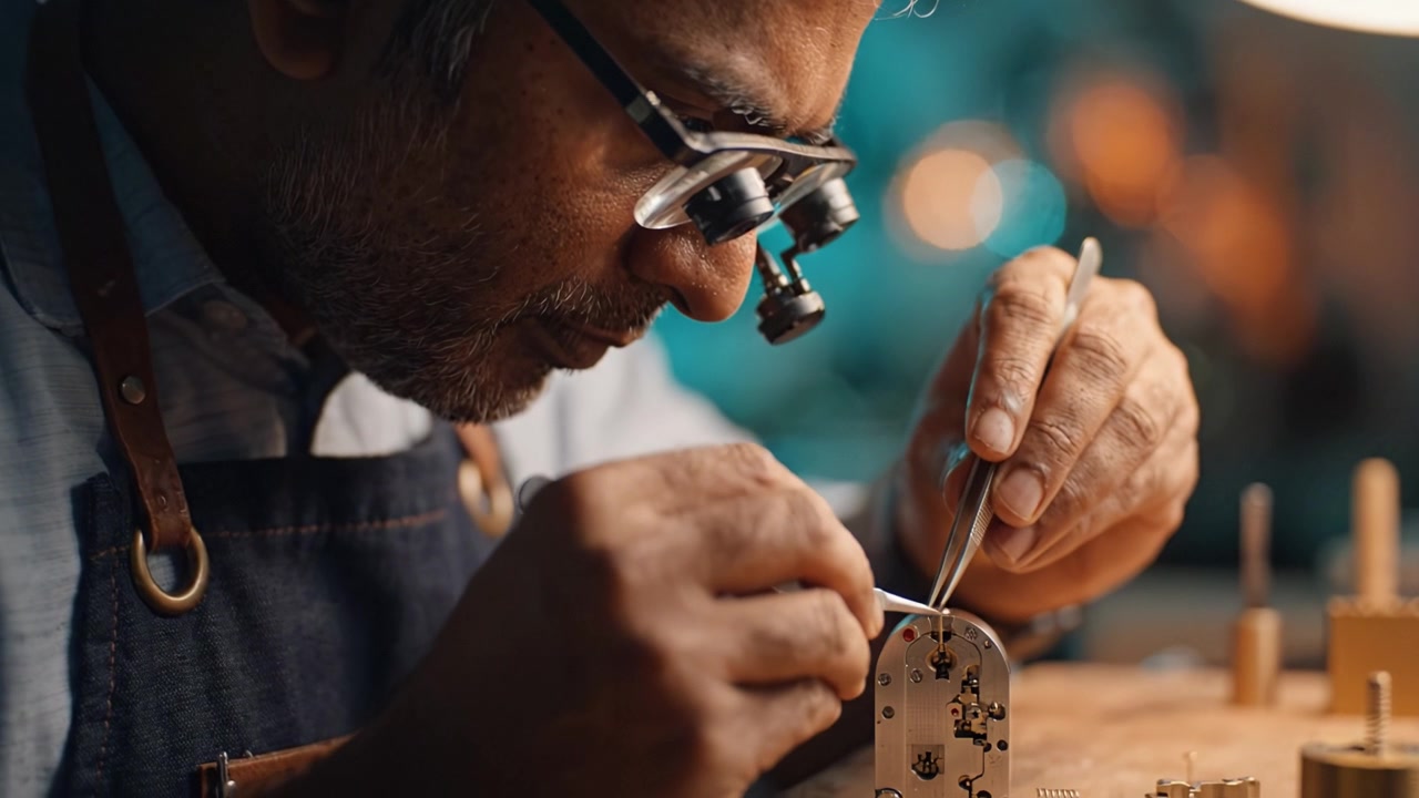 A skilled artisan meticulously repairing intricate watch mechanisms using precision tools, showcasing craftsmanship and attention to detail in a well-lit workshop environment.