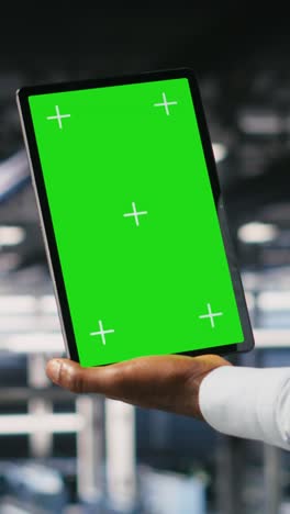 vertical video data center engineers on industrial platform using isolated screen device