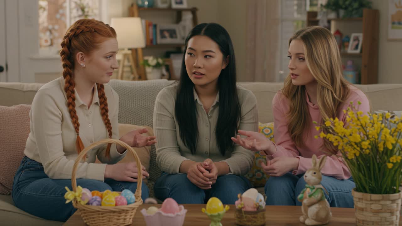 Three Friends Engaged in Meaningful Conversation Amidst a Festive Spring Setting Filled with Colorful Decorations and a Basket of Eggs