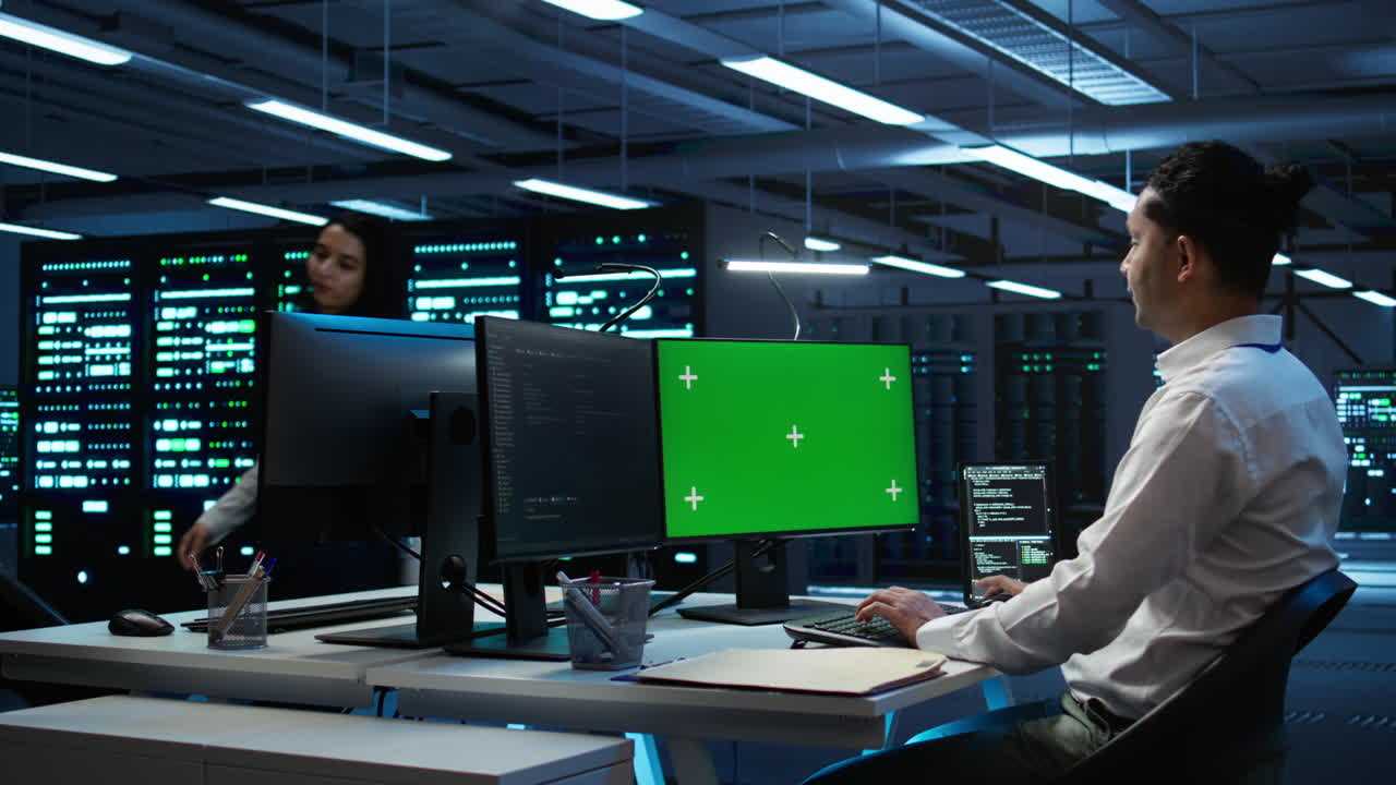 experto en la actualización de los sistemas de la sala de servidores utilizando una computadora de pantalla verde