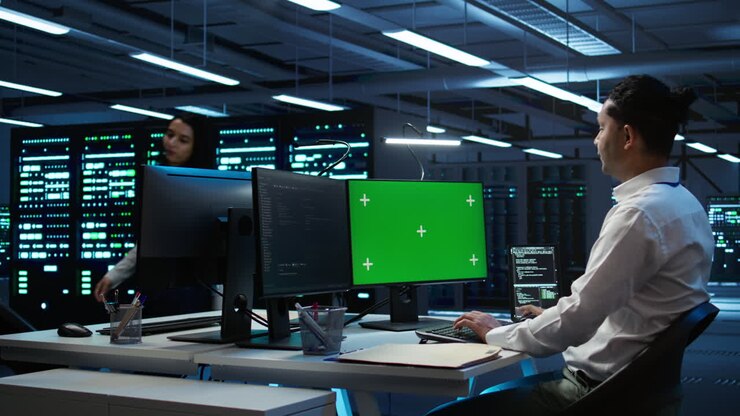 Expert updating server room systems using green screen computer