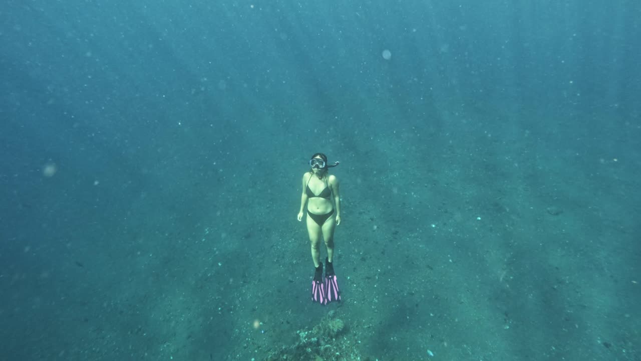 Woman Freediving Underwater with Fins and Mask