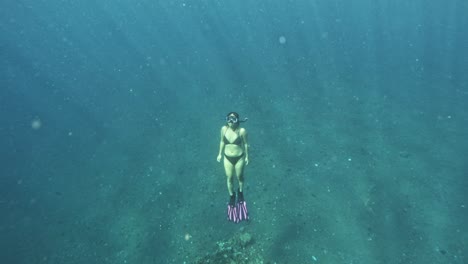 woman freediving underwater with fins and mask