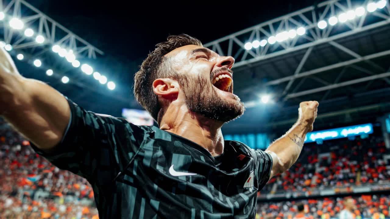 Low-angle shot of a jubilant soccer player celebrating a goal in a stadium, capturing the excitement