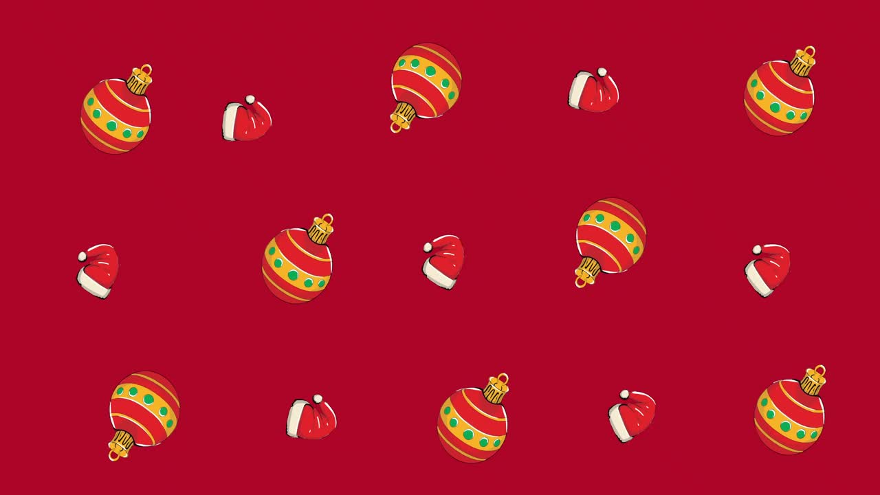 animación de múltiples sombreros de navidad y adornos sobre fondo rojo