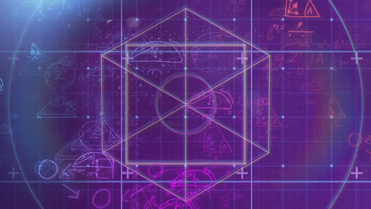 animación de dibujos geométricos sobre figuras y focos en púrpura