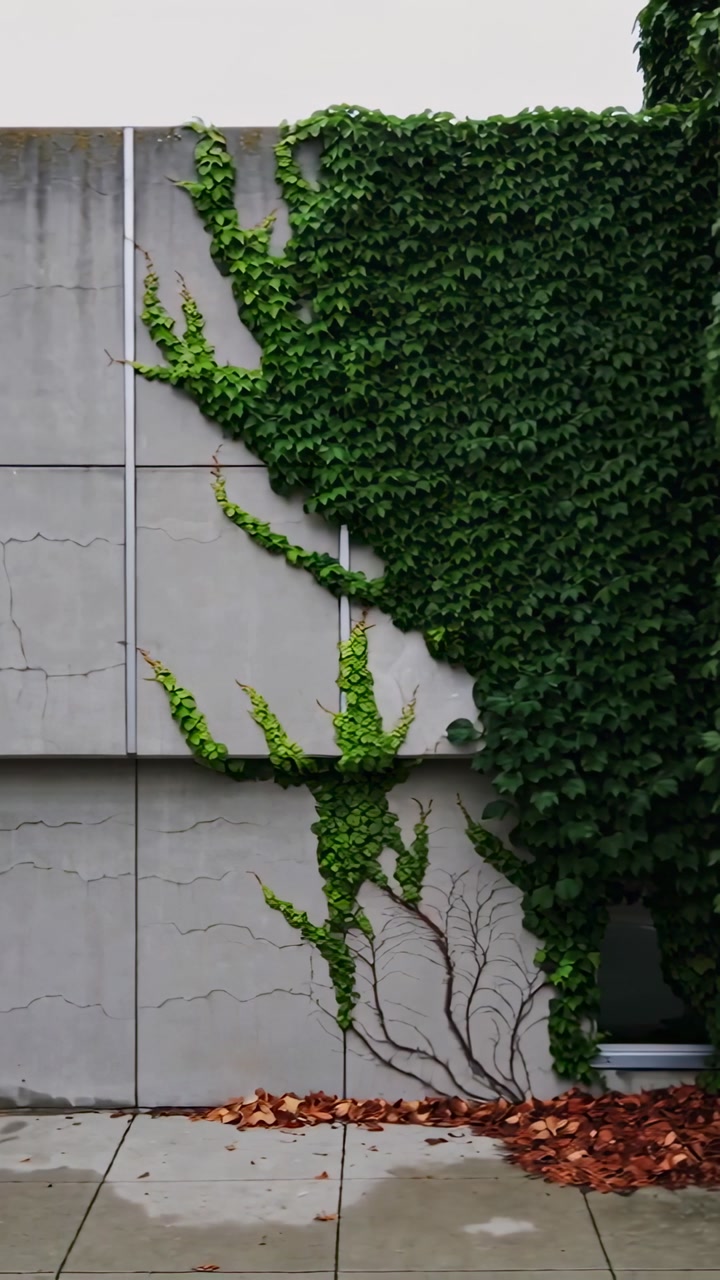 Vertical video: Panning camera along concrete wall at path, revealing ivy column and arched opening