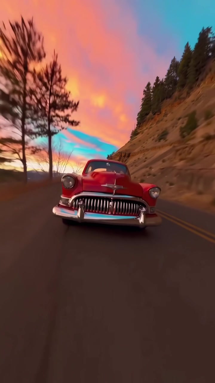 Roter Oldtimer fährt auf malerischer Bergstraße bei Sonnenuntergang