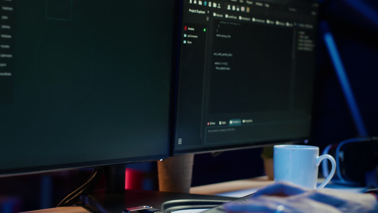 Cybercriminal breaching security systems while hiding in secret HQ, close up