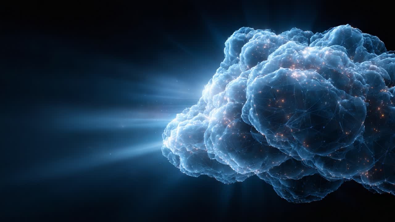 A Stunning Visualization of a Digital Cloud with Illuminating Light Beams Showcasing the Intersection of Technology and Nature in a Luminous Dark Space