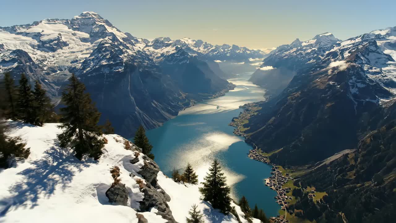 Vista aerea panoramica di lago e montagne innevate