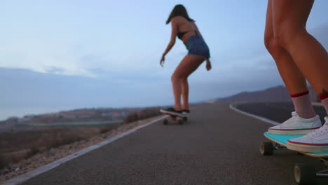 two friends enjoy slow-motion skateboarding on a road at sunset, with the mountains and a stunning sky providing a scenic backdrop. shorts complete their attire