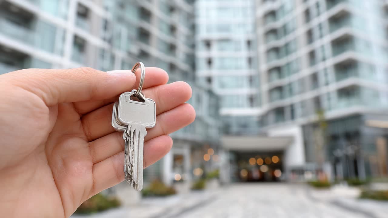 Una vista de cerca de una mano sosteniendo llaves frente a un complejo de apartamentos moderno, simbolizando nuevos comienzos y oportunidades de propiedad de vivienda.