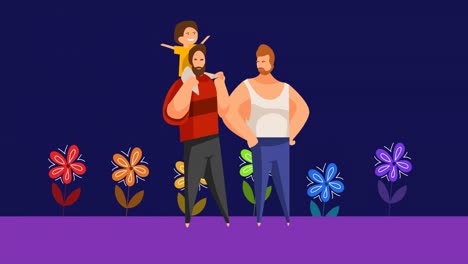 Animation-of-gay-couple-with-child-and-flowers-on-blue-background