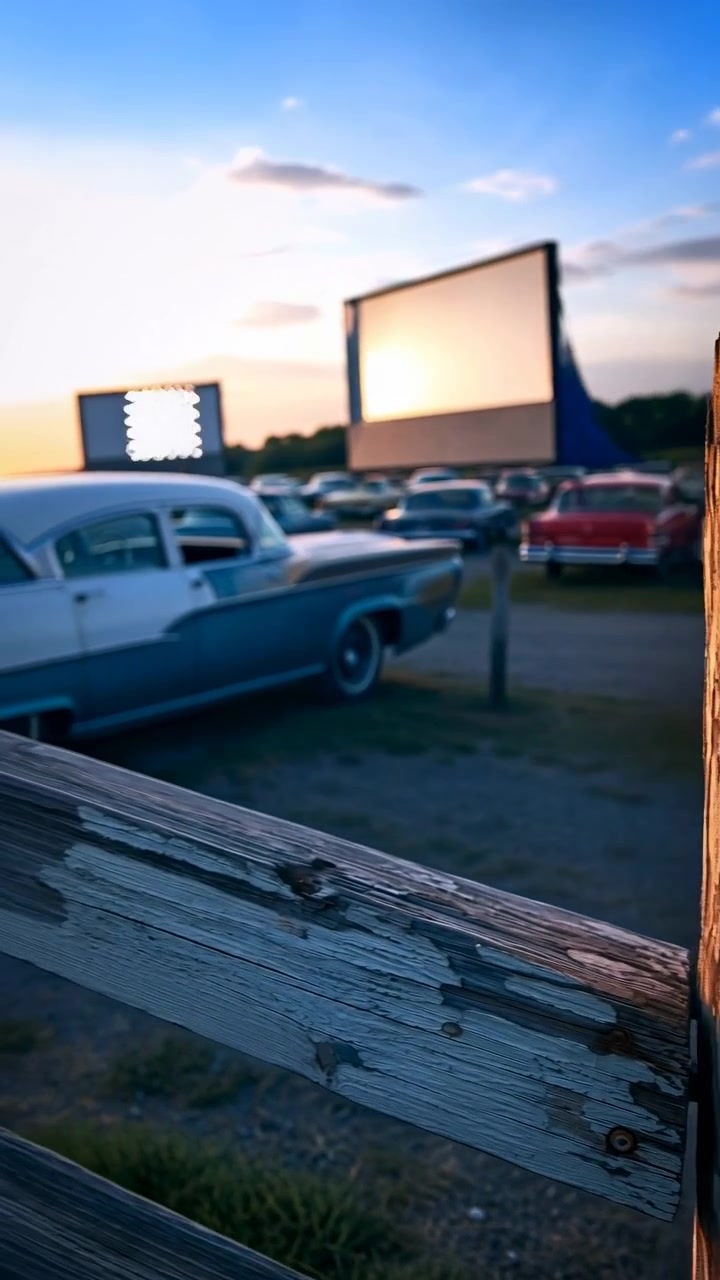 Primo piano di un palo e una ringhiera in legno stagionato accanto a uno schermo esterno vintage, mentre la luce del tramonto si sposta su venature ruvide, vernice screpolata e riflessi tenui, creando un'atmosfera calda e nostalgica.