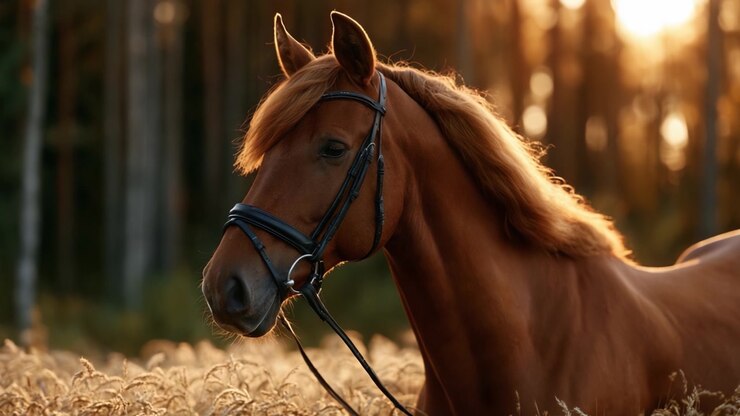 A Majestic Equine Portrait: Capturing the Beauty and Grace of a Chestnut Horse in Golden Light Set Against a Serene Natural Background