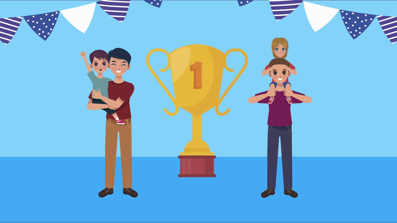 los papás levantando a los niños con el trofeo copa de oro