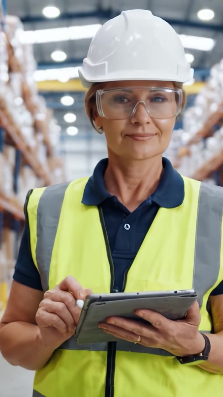 Un operatore di magazzino utilizza un tablet per supervisionare la gestione dell'inventario, migliorando l'efficienza in un ambiente di stoccaggio ben organizzato con equipaggiamento di sicurezza