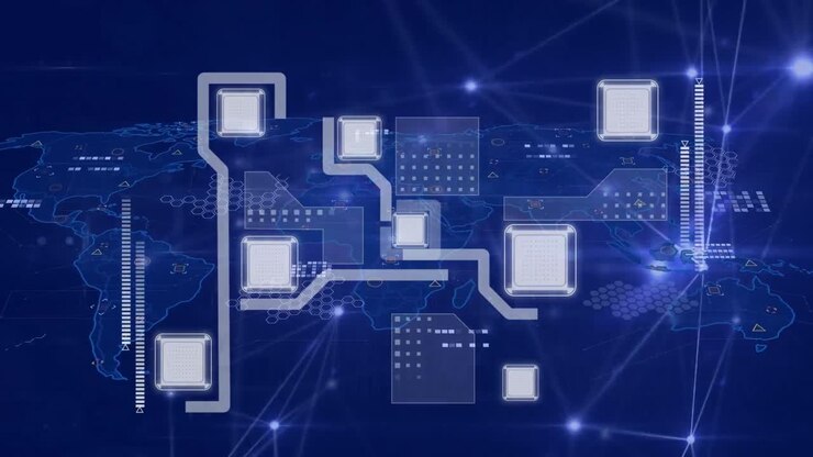 Animation of computer circuit board over network of connections and world map on blue background