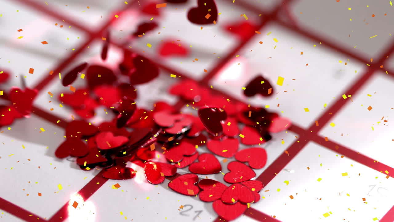 Animation of red hearts rising from white background with red grid and confetti falling