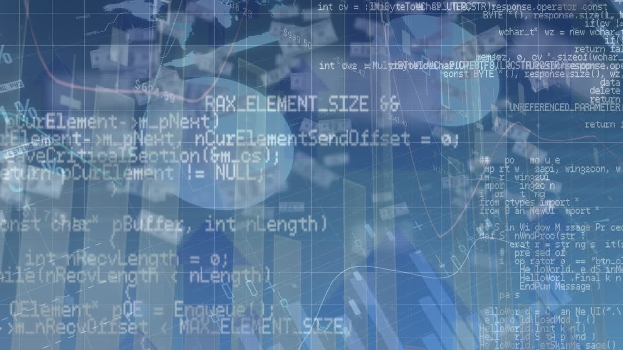 데이터 처리 및 파란색 배경에 달러의 애니메이션