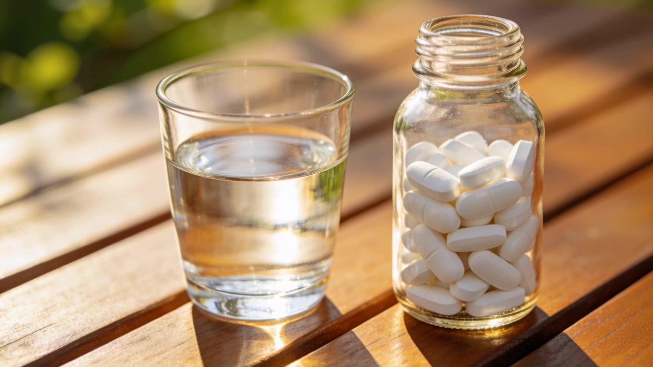 Shifting sunlight causing clear tumbler and pill bottle casting highlights on wooden garden table
