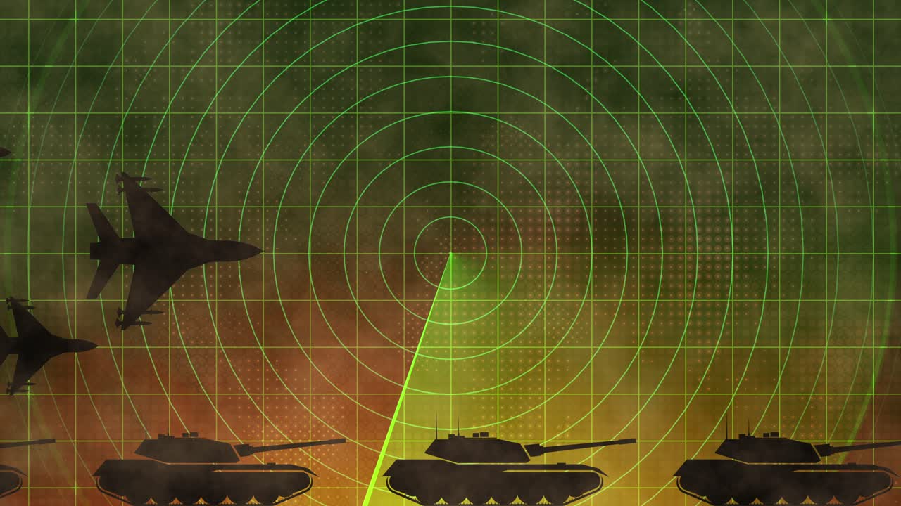 Military buildup concept on tactical radar screen animation - fighter jets and tanks with smoke and fire