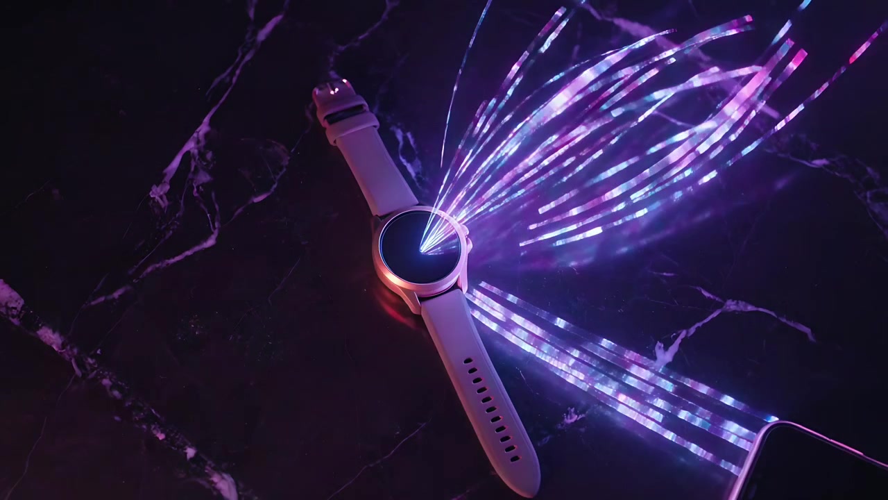 Emitting round smartwatch sending fiber ribbons across veined marble, glowing bezel, product demo