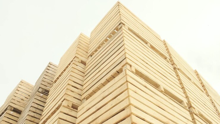 Folded empty wooden boxes in warehouses, boxes are designed for harvesting fruits and vegetables