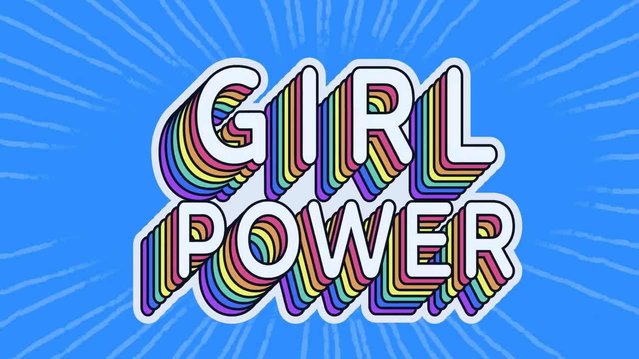 Animação do texto 'girl power' sobre fundo azul