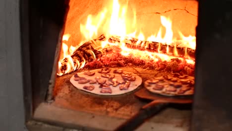 wood is burning in a pizza oven